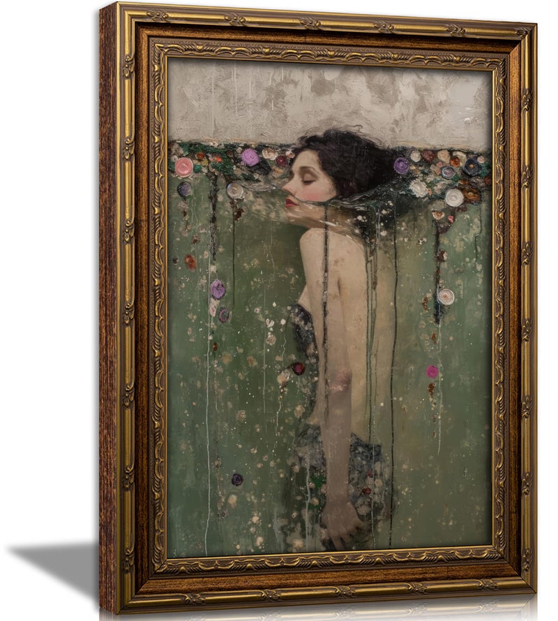 WWN Vintage Gold Framed Ophelia Wall Art, Romantic Victorian Gothic Oil Painting Canvas Print, Dark Academia Wall Decor, Antique Woman Portrait Picture, Moody Floral Poster Artwork for Living Room Bedroom - Image 1