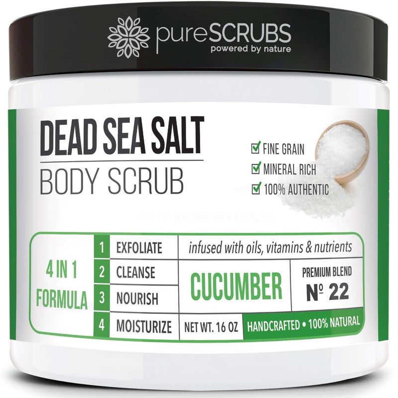 pureSCRUBS Premium Cucumber Body Scrub Set  Large 16oz Dead Sea Salt Body Scrub for Women Exfoliation KP Bump Eraser Body Scrub Includes Wooden Spoon Loofah  Soap