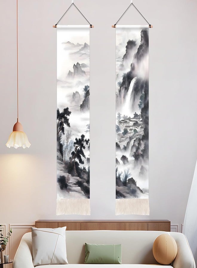 AOHMPT Pack of 2 Long Tapestry,Nature Landscape Tapesty with Serene Mountain River, Moon & Sun Motifs,Traditional Ink Painting Vertical Wall Art,Zen Aesthetic Wall Hanging for Living Room Bedroom - Image 3