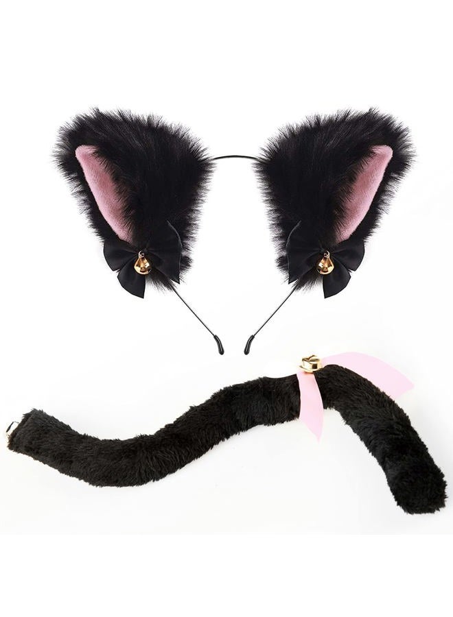 Funcredible Cat Ears and Tail Set | Furry Cat Ears Headband with Tail | Kitten Anime Neko Ears | Halloween Cosplay Party Cat Costume Accessories for Women Girls Adult Kids (Black) - Image 1