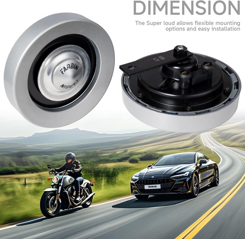 FARBIN بوق سيارة 12 فولت نغمة عالية/منخفضة مقاوم للماء بوق قطار فائق الصوت للدراجة النارية والسيارة والشاحنة وبيك أب وسيارة الدفع الرباعي (رمادي) - Image 2