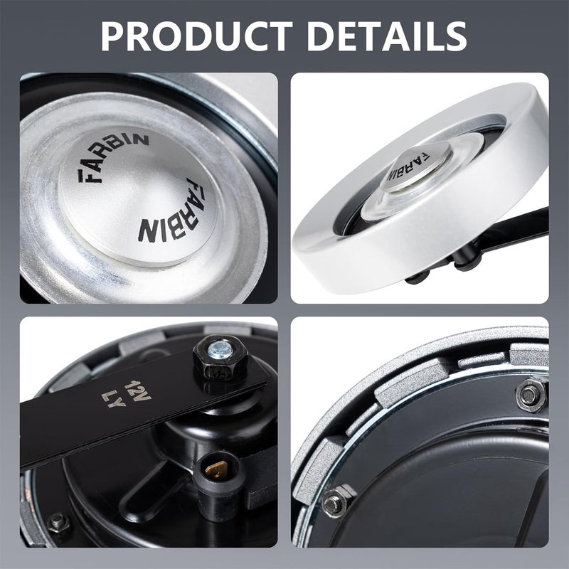 FARBIN بوق سيارة 12 فولت نغمة عالية/منخفضة مقاوم للماء بوق قطار فائق الصوت للدراجة النارية والسيارة والشاحنة وبيك أب وسيارة الدفع الرباعي (رمادي) - Image 4