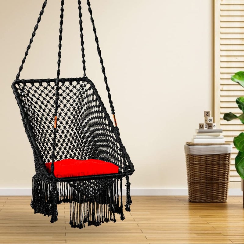 SWINGZY Premium Small RectangleShape Single Seater Wooden Swing Chair with 1 Red Cushion Hanging Kit for Home Indoor Outdoor Patio Balcony Garden Hanging Hammock Chair for Adults Black