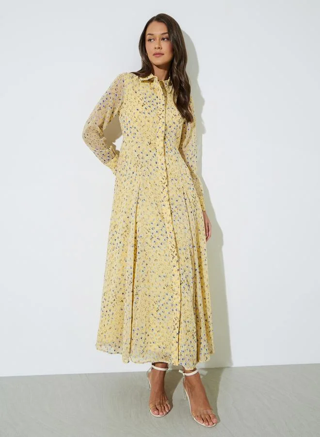 Yellow Floral Print Long Sleeves Shirt Maxi Dress