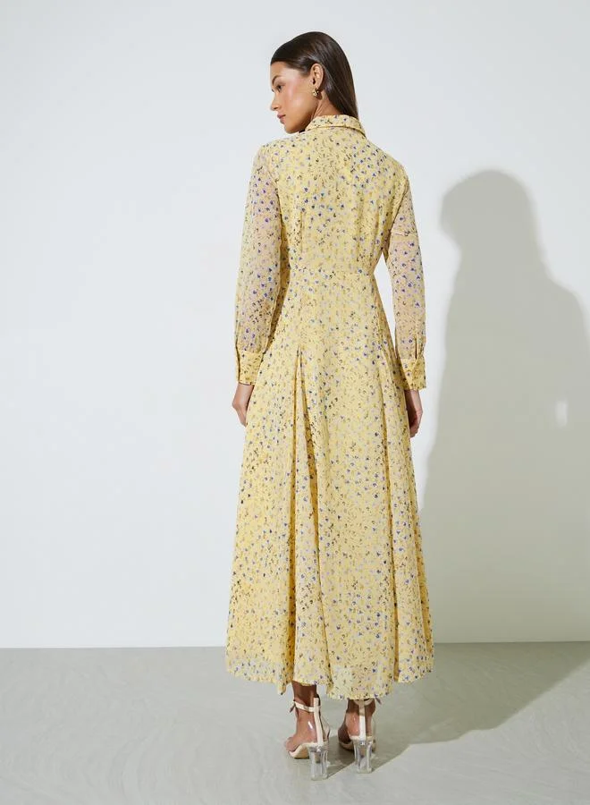 Styli  Yellow Floral Print Long Sleeves Shirt Maxi Dress for Women | Best Price UAE