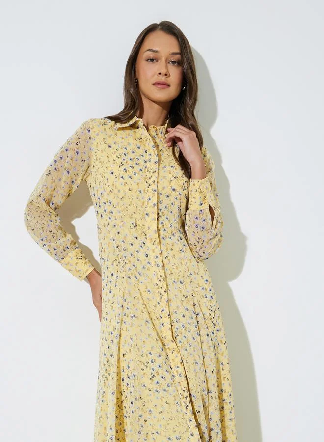 Styli  Yellow Floral Print Long Sleeves Shirt Maxi Dress for Women | Best Price UAE