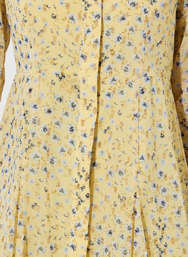 Styli  Yellow Floral Print Long Sleeves Shirt Maxi Dress for Women | Best Price UAE