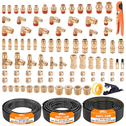 CheeMuii 100 PCS Brass DOT Air Line Fittings with 3 Roll 50FT 14 38 12 DOT Air Lines Kit Push Lock Air Fitting Quick Connect Air Fittings with Air Hose Pneumatic Tubing - Image 1