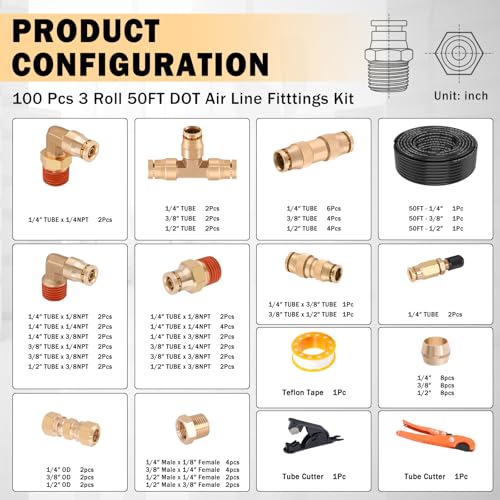 CheeMuii 100 PCS Brass DOT Air Line Fittings with 3 Roll 50FT 14 38 12 DOT Air Lines Kit Push Lock Air Fitting Quick Connect Air Fittings with Air Hose Pneumatic Tubing - Image 3