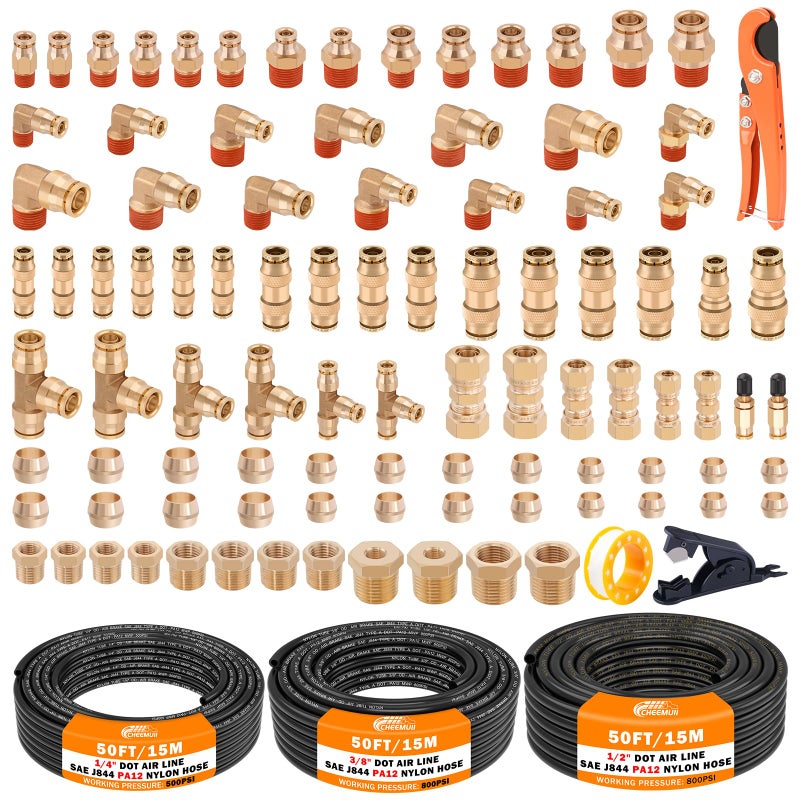 CheeMuii 100 PCS Brass DOT Air Line Fittings with 3 Roll 50FT 14 38 12 DOT Air Lines Kit Push Lock Air Fitting Quick Connect Air Fittings with Air Hose Pneumatic Tubing - Image 2