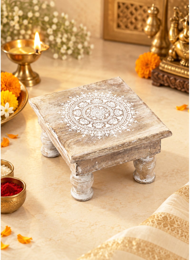 Madhoor Mandala Decorative Pooja Chowki (Patla/Bajot) White Brown for Pooja, Deity Idol Placement & Home Temples, 6 x 6 Inches, 1 Piece - Image 1