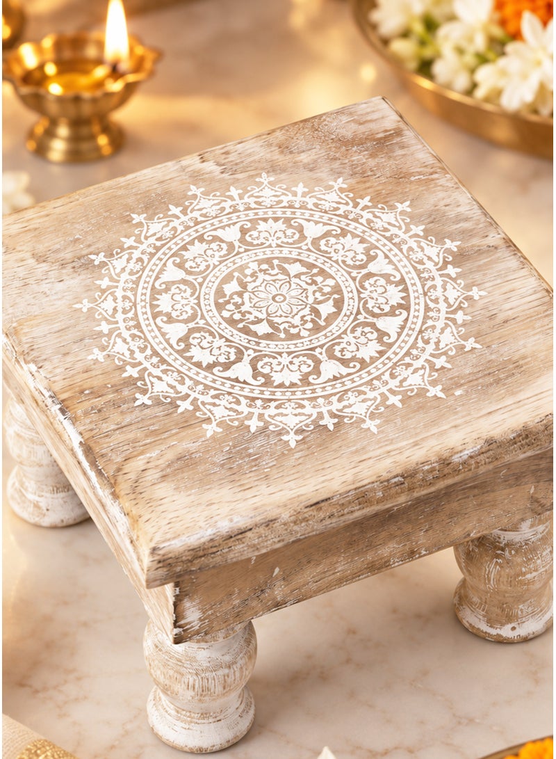 Madhoor Mandala Decorative Pooja Chowki (Patla/Bajot) White Brown for Pooja, Deity Idol Placement & Home Temples, 6 x 6 Inches, 1 Piece - Image 2