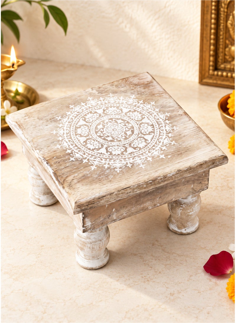 Madhoor Mandala Decorative Pooja Chowki (Patla/Bajot) White Brown for Pooja, Deity Idol Placement & Home Temples, 6 x 6 Inches, 1 Piece - Image 3