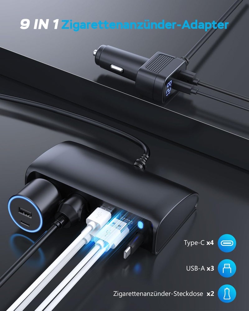 OOWOLF Retractable Car Charger Adapter - 9 in 1 Cigarette Lighter Splitter 148W 12V/24V QC3.0 USB Car Adapter Multi Socket with Voltmeter charger for Phone Pad Dashcam GPS - Image 5
