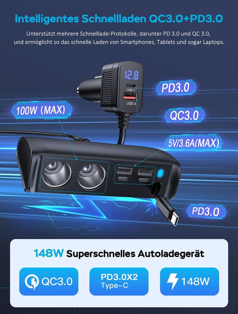 OOWOLF Retractable Car Charger Adapter - 9 in 1 Cigarette Lighter Splitter 148W 12V/24V QC3.0 USB Car Adapter Multi Socket with Voltmeter charger for Phone Pad Dashcam GPS - Image 3