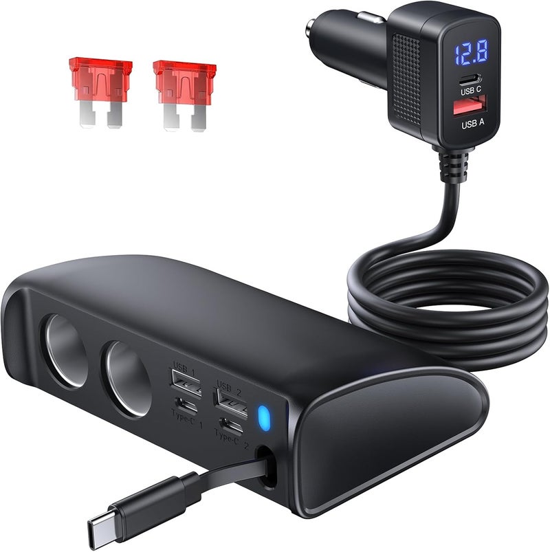OOWOLF Retractable Car Charger Adapter - 9 in 1 Cigarette Lighter Splitter 148W 12V/24V QC3.0 USB Car Adapter Multi Socket with Voltmeter charger for Phone Pad Dashcam GPS - Image 1