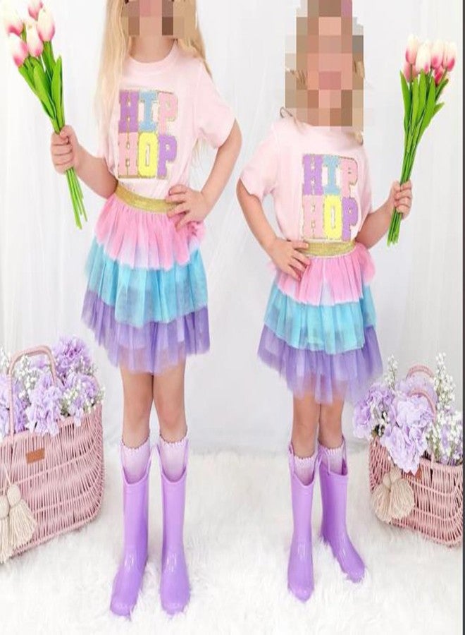 Karuedoo Toddler Baby Girl Easter Outfit Letter Embroidery Short Sleeve T-Shirt Tops Tulle Tutu Skirt Set 2Pcs Spring Clothes (Pink, 4-5T) - Image 4