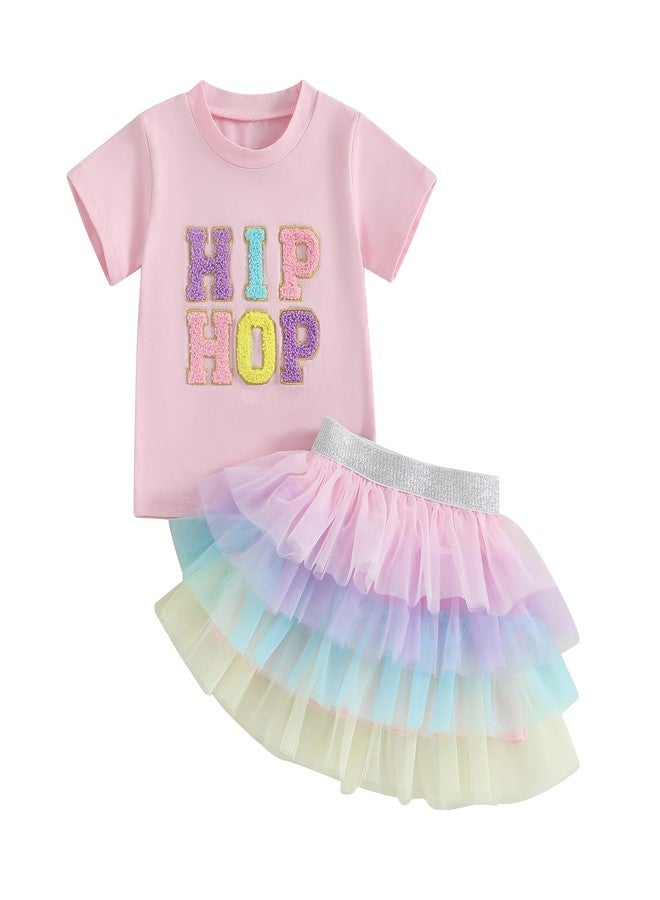 Karuedoo Toddler Baby Girl Easter Outfit Letter Embroidery Short Sleeve T-Shirt Tops Tulle Tutu Skirt Set 2Pcs Spring Clothes (Pink, 4-5T) - Image 1