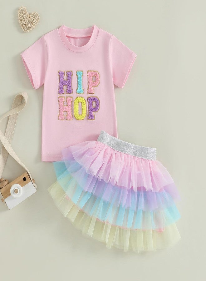 Karuedoo Toddler Baby Girl Easter Outfit Letter Embroidery Short Sleeve T-Shirt Tops Tulle Tutu Skirt Set 2Pcs Spring Clothes (Pink, 4-5T) - Image 5