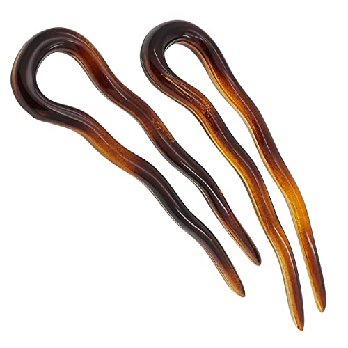 Camila Paris AD823 French Twist Stick Hair Fork 2 Small Wavy U Shaped Hair Pin Clip for Spiral Updo Bun Tortoise Shell Fashion Flexible Durable Styling Hair Accessories for Women Made in France