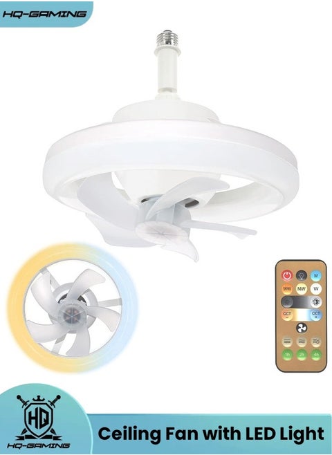 Ceiling Fan with LED Light, Remote Control, 3 Color Dimmable (Warm/Neutral/Cool), 360° Rotating Oscillating Fan, E26/E27 Base Extender, Socket Fan Light for Kitchen Bathroom Bedroom Home Office