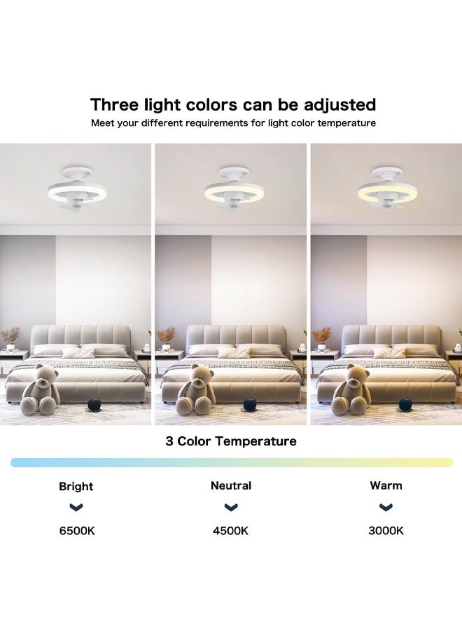 Ceiling Fan with LED Light, Remote Control, 3 Color Dimmable (Warm/Neutral/Cool), 360° Rotating Oscillating Fan, E26/E27 Base Extender, Socket Fan Light for Kitchen Bathroom Bedroom Home Office