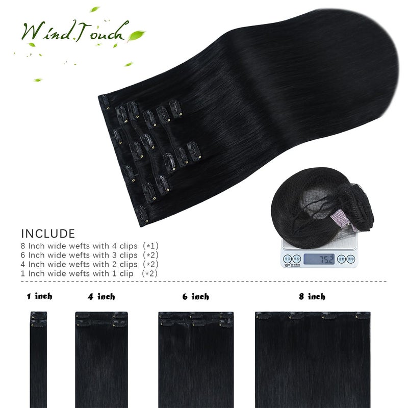 WindTouch Clip In Hair Extensions Real Human Hair Jet Black Hair Extensions 18Inch 75g #1 7PCS Clip Ins Real Human Hair Black Women - Image 3