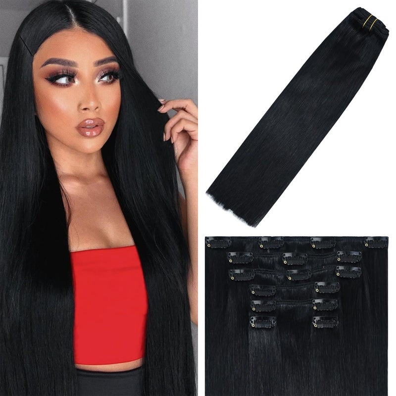 WindTouch Clip In Hair Extensions Real Human Hair Jet Black Hair Extensions 18Inch 75g #1 7PCS Clip Ins Real Human Hair Black Women - Image 1