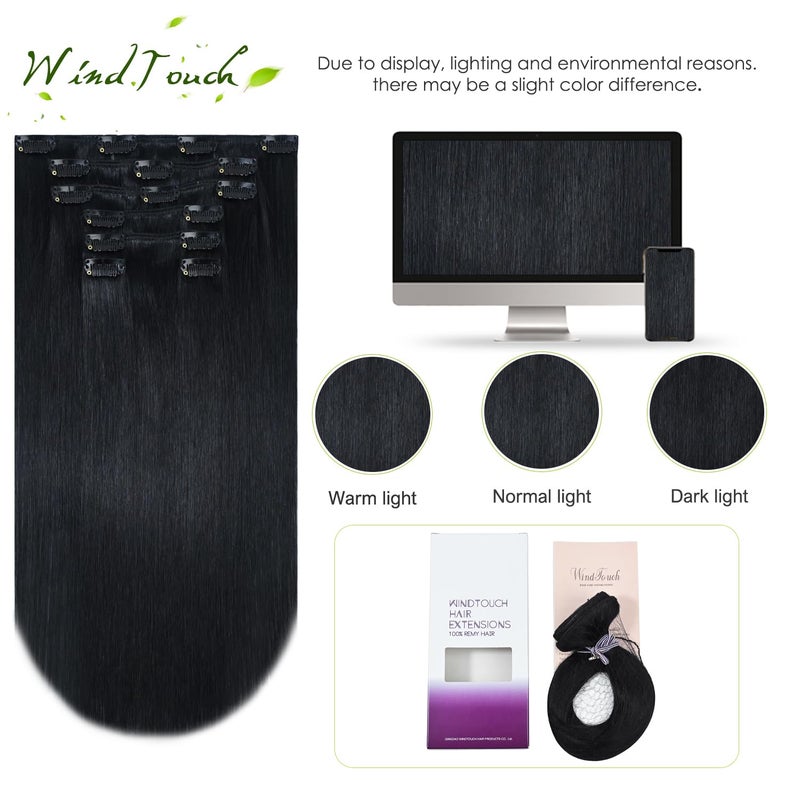 WindTouch Clip In Hair Extensions Real Human Hair Jet Black Hair Extensions 18Inch 75g #1 7PCS Clip Ins Real Human Hair Black Women - Image 4
