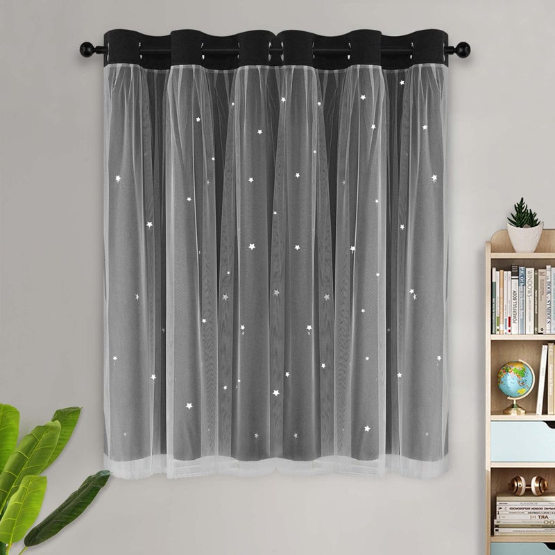 Kinryb Kids Blackout Curtains 63 Inch Length 2 Layer Blackout Curtains Room Darkening Mix and Match Curtain for Nursery Thermal Insulated Drape for Bedroom 42"" W x 63"" L Black Set of 2 - Image 2