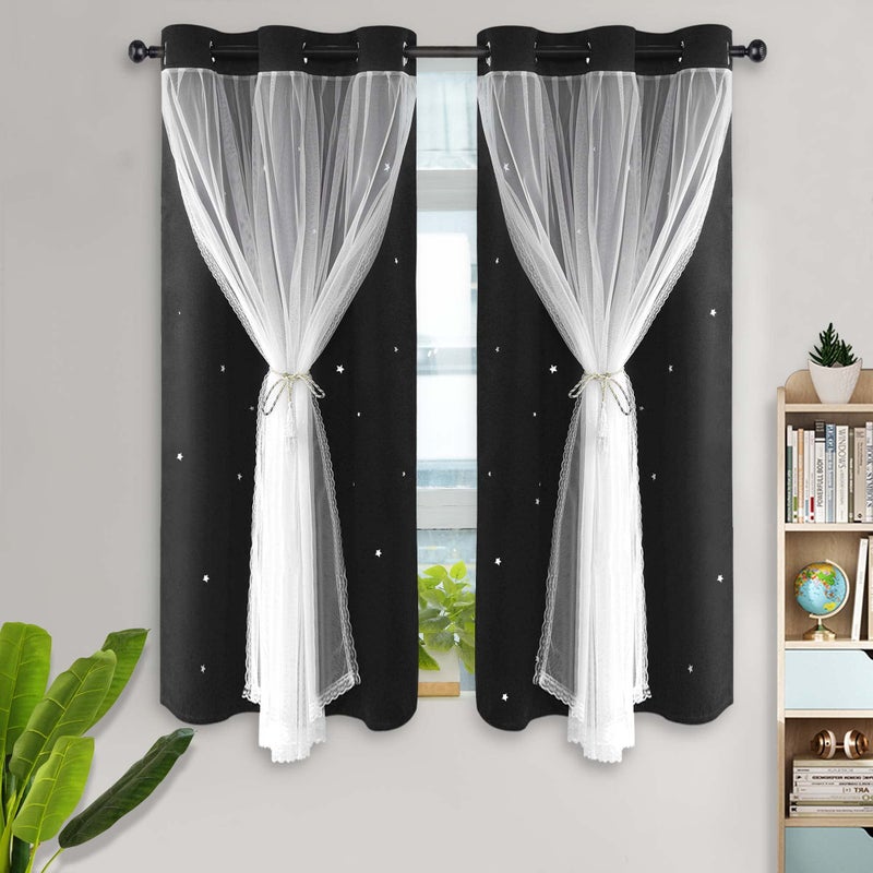 Kinryb Kids Blackout Curtains 63 Inch Length 2 Layer Blackout Curtains Room Darkening Mix and Match Curtain for Nursery Thermal Insulated Drape for Bedroom 42"" W x 63"" L Black Set of 2 - Image 1