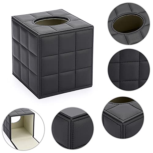 Sumnacon Square Leather Tissue Box Cover - Stylish Cube Tissue Box Holder with Magnetic Bottom, Decorative PU Tissue Box for Vanity Dresser Night Stand Table Countertop Home Office Car, Grid Black - Image 4