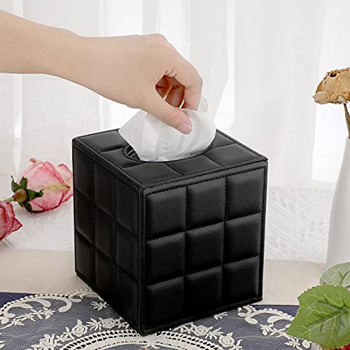 Sumnacon Square Leather Tissue Box Cover - Stylish Cube Tissue Box Holder with Magnetic Bottom, Decorative PU Tissue Box for Vanity Dresser Night Stand Table Countertop Home Office Car, Grid Black - Image 2