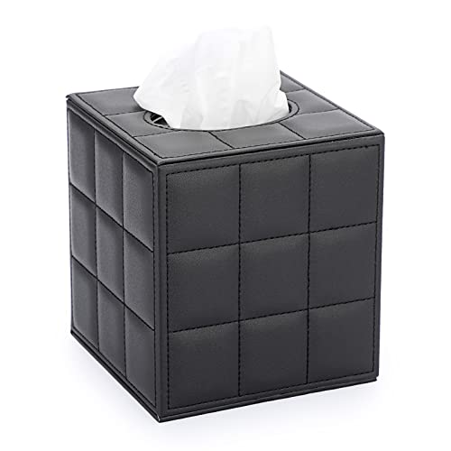 Sumnacon Square Leather Tissue Box Cover - Stylish Cube Tissue Box Holder with Magnetic Bottom, Decorative PU Tissue Box for Vanity Dresser Night Stand Table Countertop Home Office Car, Grid Black - Image 1