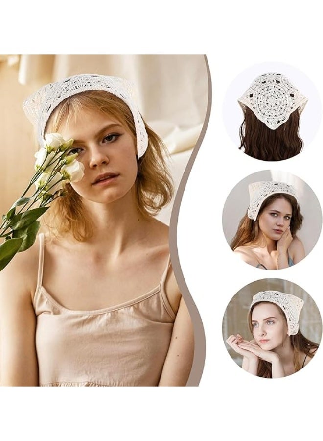 ChicAbode 3PCS كروشيك الرأس للنساء - مجوفة منشاح الشعر المنسوجة بانداناس في النمط القديم، الحجاب منشاح لف للنساء والفتيات (الأسود والبيج والبني) - Image 4