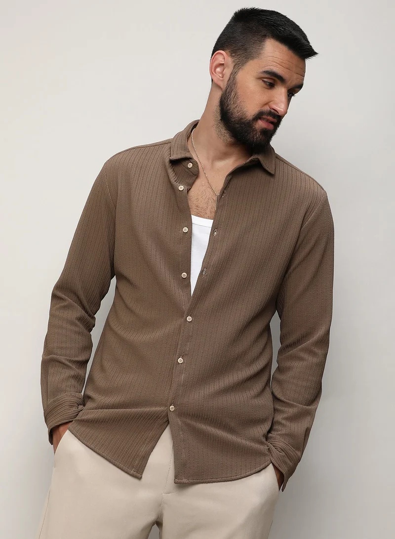 Men's Tan Brown Stripe-Creased Shirt For Casual Wear | Spread Collar | Long Sleeves | Button Closure | Shirt Crafted With Comfort Fit For Everyday Wear