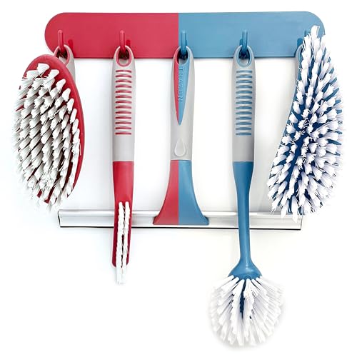 Trazon Scrub Brush Set of 6 pcs - Red or Blue Randomly Color, Cleaning Shower Scrubbers with Squeegee for Shower Glass & Adhesive Wall Hooks Including Grout Cleaner Brush for Cleaning Bathroom, Tile - Image 1