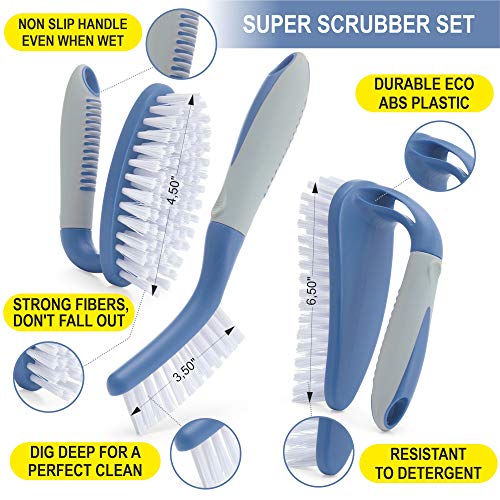 Trazon Scrub Brush Set of 6 pcs - Red or Blue Randomly Color, Cleaning Shower Scrubbers with Squeegee for Shower Glass & Adhesive Wall Hooks Including Grout Cleaner Brush for Cleaning Bathroom, Tile - Image 3