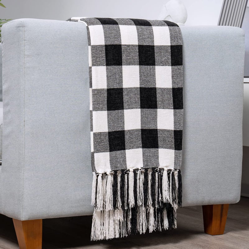 RECYCO Buffalo Paid Chenille Throw Blanket for Couch Soft Cozy Decorative Buffalo Check Blanket Throw with Tassels for Bed Sofa Lightweight Chenille Knitted Throw Plaid Black Off White 50 x 60