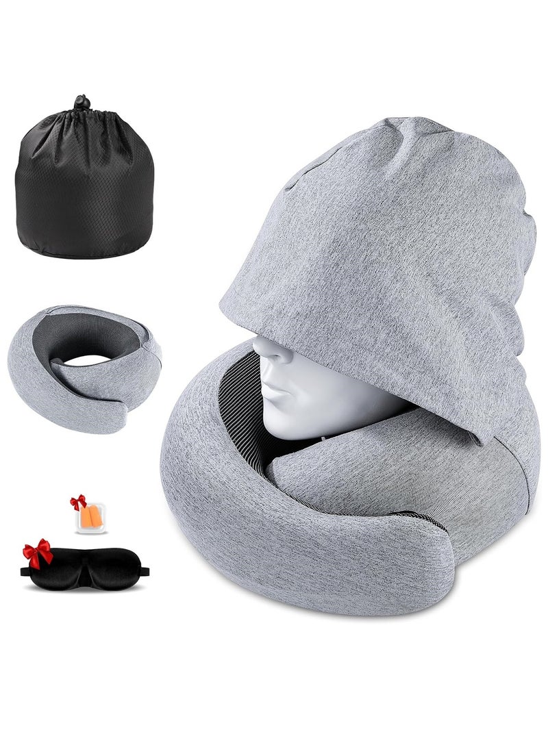 رات سو وسادة الرقبة للسفر من رغوة الذاكرة مع قلنسوة، وسادة طائرة للبالغين لدعم الرقبة ومسند الرأس، وسادة محمولة للنوم في المكاتب والسيارات والقطارات والرحلات الطويلة. - Image 1