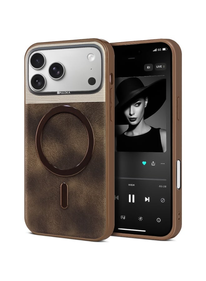 Luxury Leather Back Protection Case, Two-Tone Design with Stylish Metal Camera Frame, MagSafe Compatible for iPhone 17 Pro Max (Light Brown)