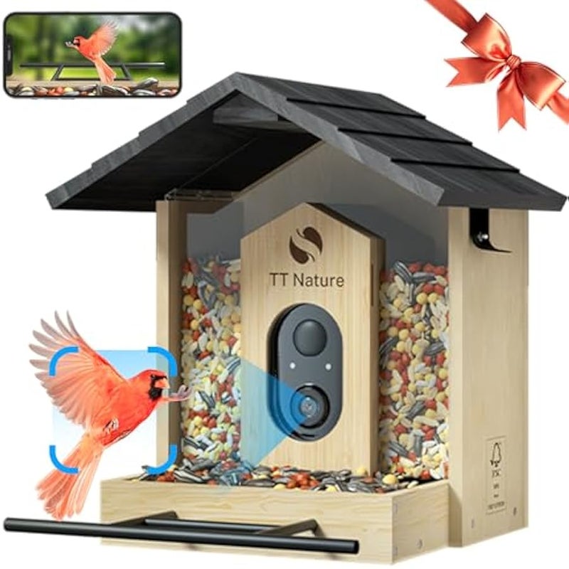 Arabest Bird Feeder with Camera, Upgraded 1.5L Smart Bird Feeder with AI Identify for 10000+ Bird Species, Auto Capture Bird & Real-time Notifications, Ideal Gift for Bird Lover (Wooden Roof) - Image 1