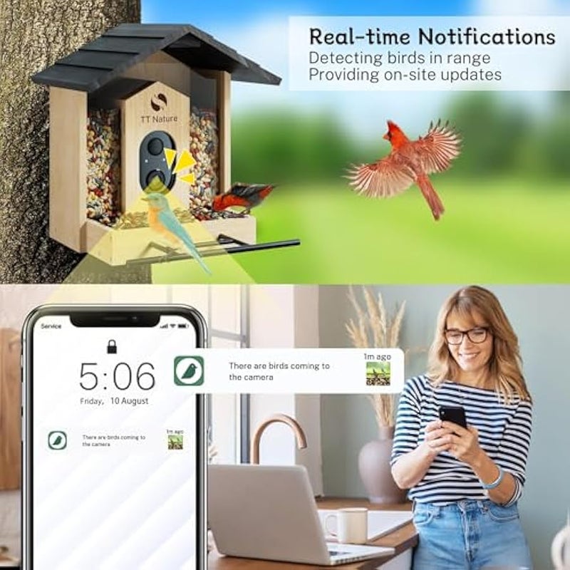 Arabest Bird Feeder with Camera, Upgraded 1.5L Smart Bird Feeder with AI Identify for 10000+ Bird Species, Auto Capture Bird & Real-time Notifications, Ideal Gift for Bird Lover (Wooden Roof) - Image 3