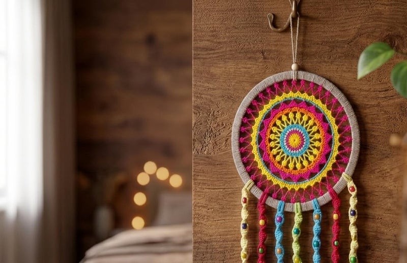 Handmade Macrame Round Dream Catcher Wall Hanging, Boho Crochet Mandala,MultiColors, Colorful Four Strand Braid, Colorful Tassel, 40cm width (Rainbow Colors, Medium Size) مكرميه هاند ميد, دريم كاتشر