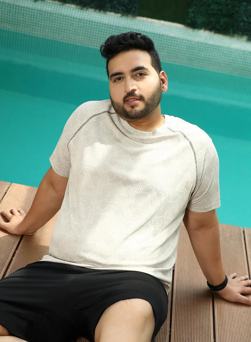 انستافاب بلس تيشيرت رجالي بيج بطبعة تجريدية للملابس الرياضية الكاجوال بياقة دائرية وأكمام قصيرة وفتحة سحب مقاس كبير من الجيرسيه بتصميم مريح للاستخدام اليومي