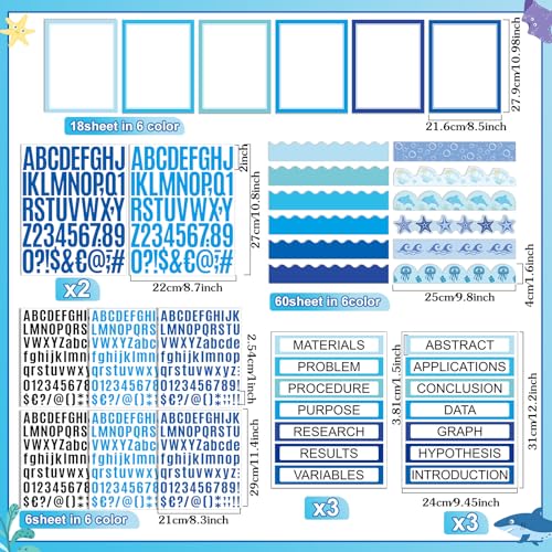 Sinload 92 Pcs Science Fair Board Supplies 60 Trim Scalloped Poster Boards 18 Presentation Subtitles 6 Project Titles 8 Letter Sticker for Classroom Display Boards (Blue,Ocean) - Image 2