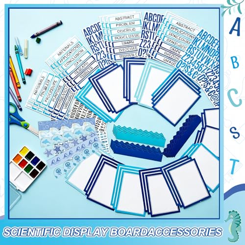 Sinload 92 Pcs Science Fair Board Supplies 60 Trim Scalloped Poster Boards 18 Presentation Subtitles 6 Project Titles 8 Letter Sticker for Classroom Display Boards (Blue,Ocean) - Image 4
