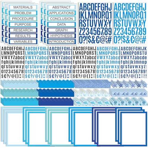 Sinload 92 Pcs Science Fair Board Supplies 60 Trim Scalloped Poster Boards 18 Presentation Subtitles 6 Project Titles 8 Letter Sticker for Classroom Display Boards (Blue,Ocean) - Image 1