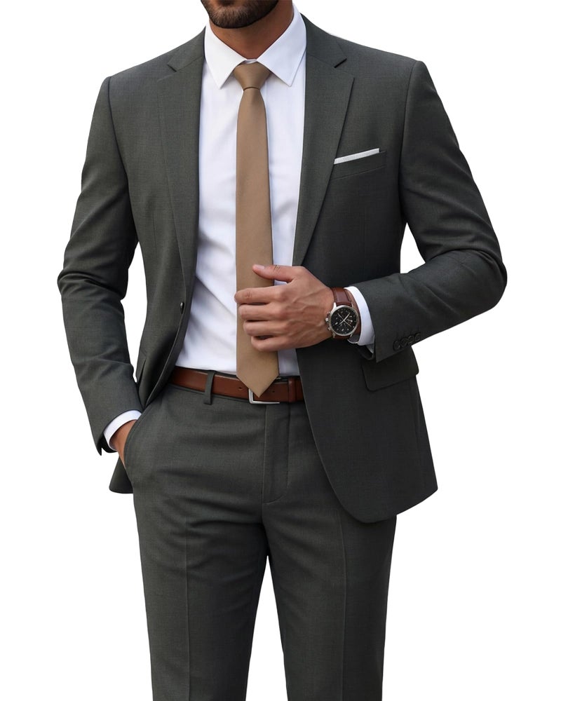 YND Men's 2 Piece Suit with Tie, One Button Slim Fit Solid Jacket and Pants Set, Suits for Men Prom Party Wedding & Business, Deep Grey - Image 1