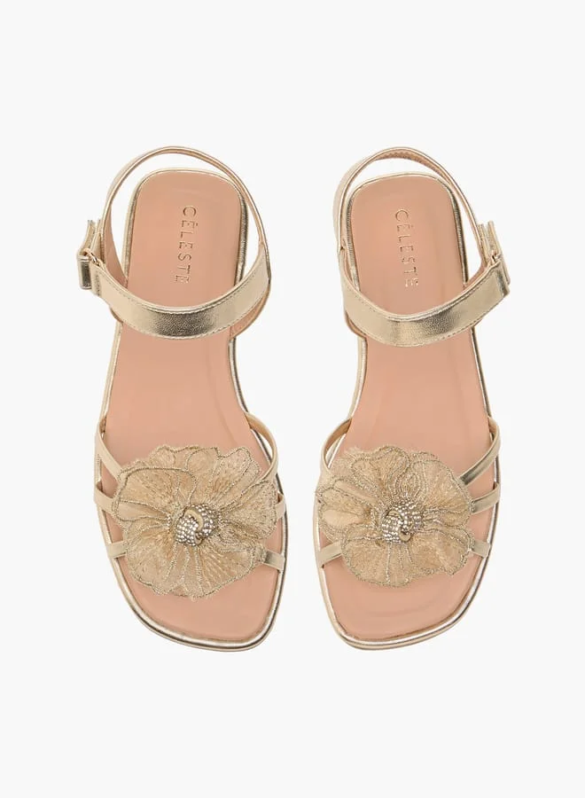 Celeste Girls' Flower Applique Sandals with Hook and Loop Closure